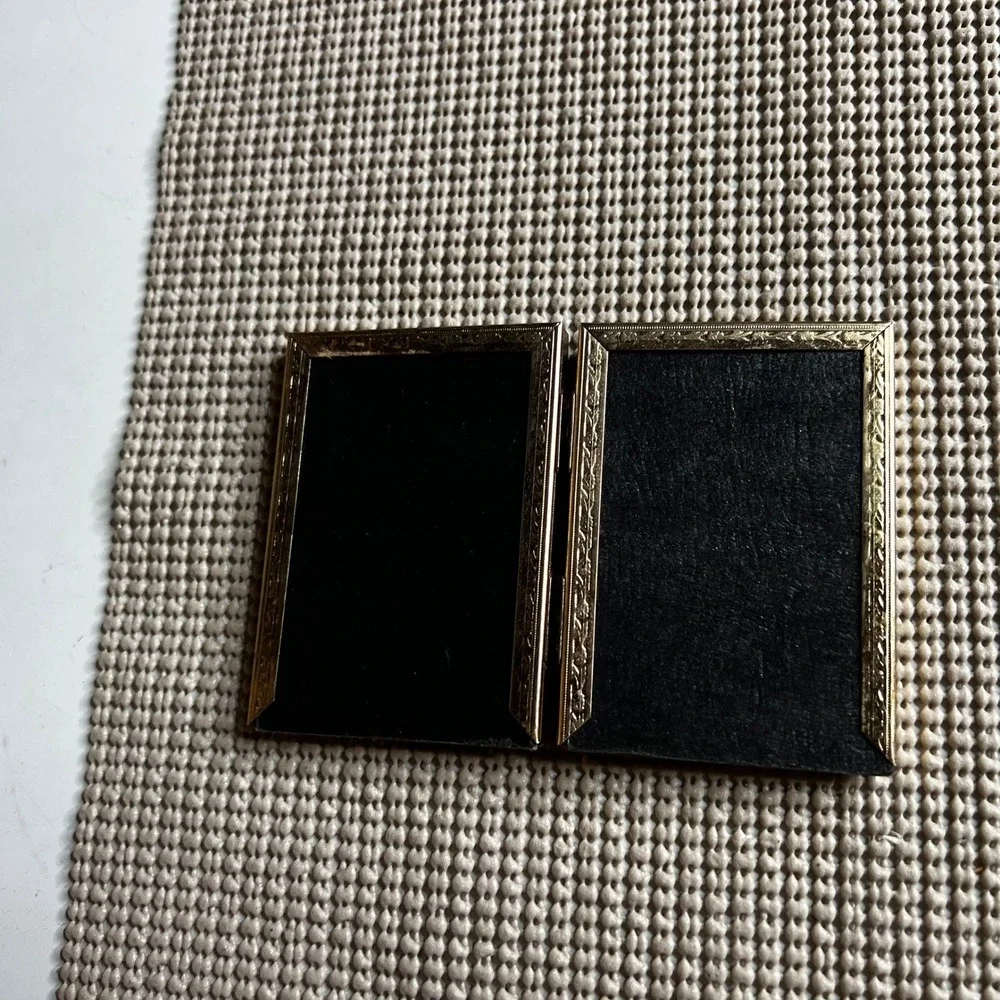 Vintage Gold Etched Metal Folding Double Picture Frame Miniature Travel Size